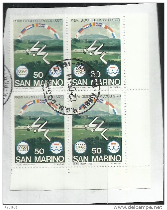 SAN MARINO 1985 PRIMI GIOCHI DEI PICCOLI STATI LIRE 50 QUARTINA BLOCK USATO USED OBLITERE´ - Gebruikt