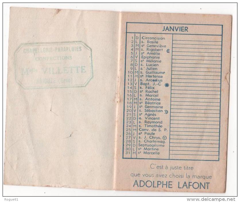 CALENDRIER - ADOLPHE  LAFONT  1956  Lyon - Tampon  Melle VILLETTE   - BRIOUZE - (orne ) - VESPA - Tamaño Pequeño : 1941-60