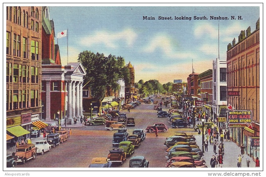 MAIN STREET, LOOKING SOUTH - NASHUA, NEW HAMPSHIRE, USA (Unused Old Linen Postcard) - Nashua