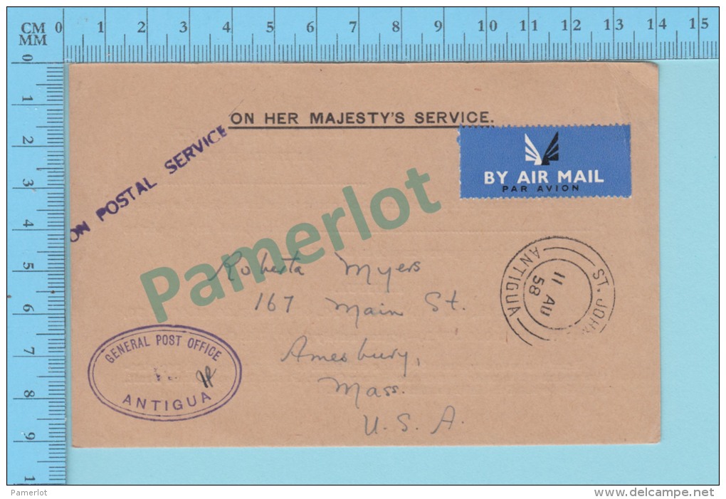 OHMS ( Philatelic Correspondence, Air Mail Cover  CachetSt-John 1958 Antigua General Antigua Post Mark ) 2 Scans - 1858-1960 Kronenkolonie