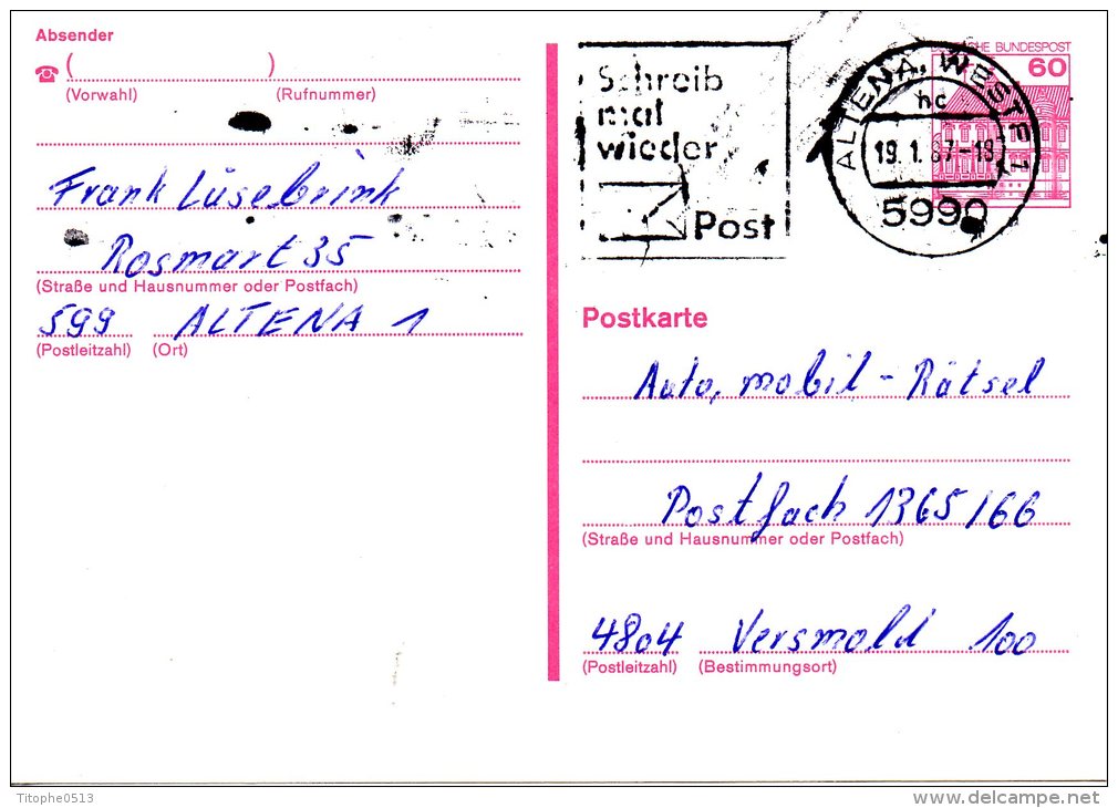 BERLIN. Carte Pré-timbrée Avec Oblitération De 1987. Château De Rheydt. Oblitération De Altena Westf. - Postcards - Used