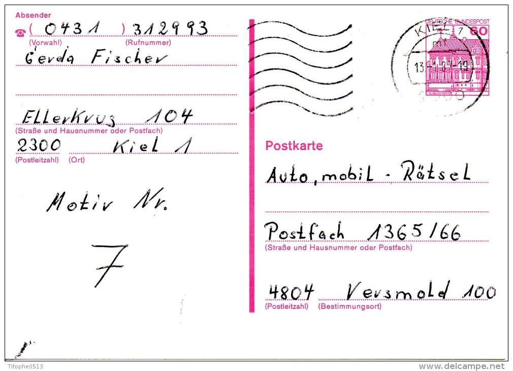 BERLIN. Carte Pré-timbrée Avec Oblitération De 1987. Château De Rheydt. Oblitération De Kiel. - Postcards - Used