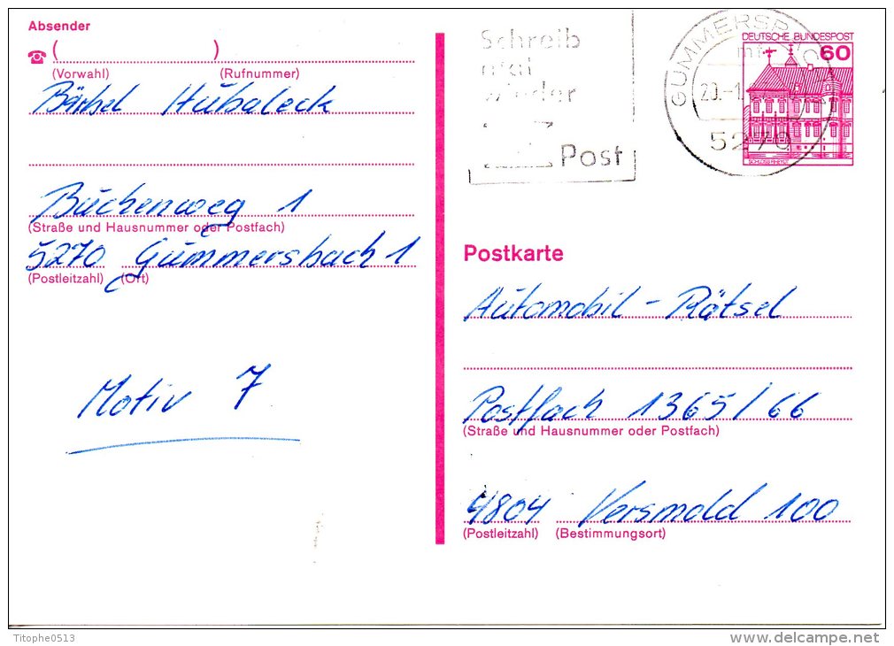 BERLIN. Carte Pré-timbrée Avec Oblitération De 1987. Château De Rheydt. Oblitération De Gummersbach - Postcards - Used