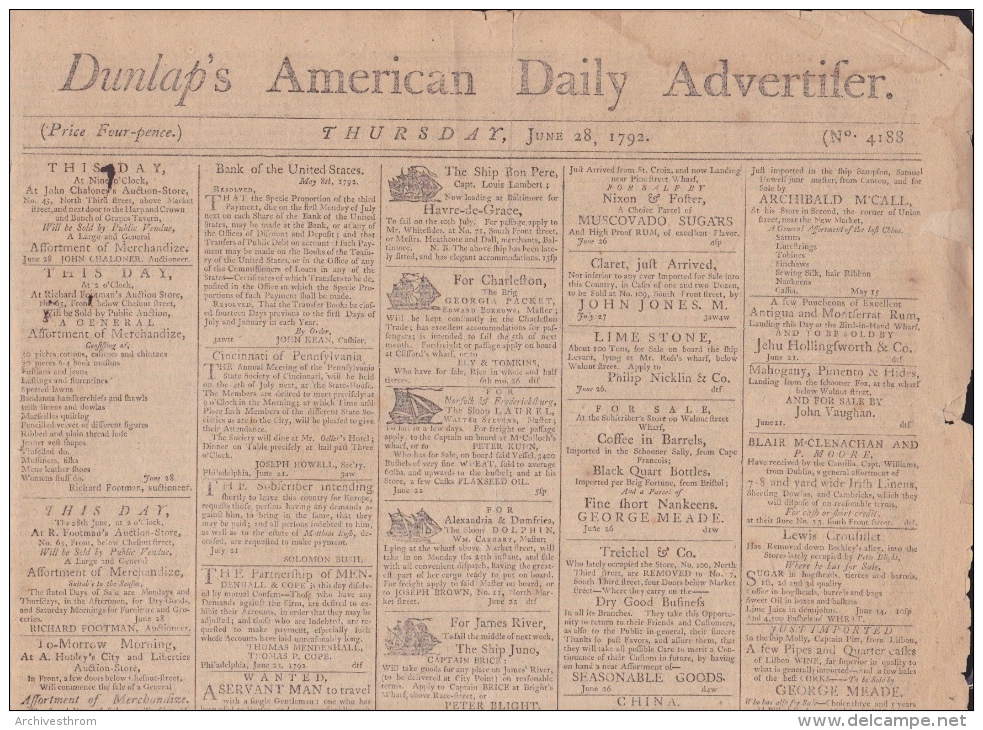 Philadelphia - Dunlap's American Daily Advertiser June 28, 1792 (N° 4188) ; Four Pages (49,5 / 30 Cm) - 1700-1799