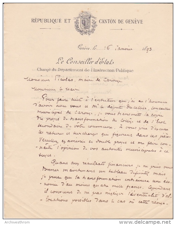 Carouge - Genève, Trav. Comm. Transfo. Du Collège 1893-1894 MM Ducellier, Moriaud, Voirier, Triquet, Fontanel 12 Pces - Documents Historiques