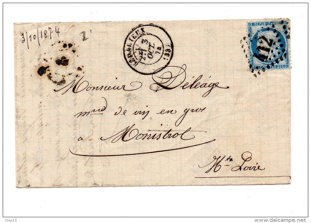 FRAGMENT DE LETTRE DE BEDARIEUX POUR MONISTROL DU 03/10/1874 - 1849-1876: Periodo Clásico