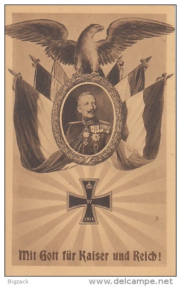 AK Kaiser Wilhelm II Im Eichenkranz, Fahnen, Adler,EK Mit Gott Für Kaiser ..gelaufen Ziesar 13.1.15 - Weltkrieg 1914-18