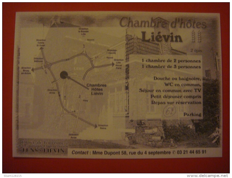 Chambres D'hôtes ( Liévin / Pas De Calais ) Pas Carte Postale,feuillet Publicitaire épais Format Carte Postale - Lievin