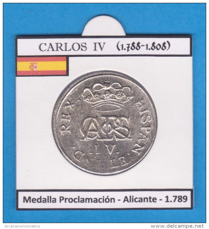 CARLOS IV (1.788-1.808) Medalla Proclamacion  Alicante  1.789  SC/UNC  Réplica   T-DL-11.474 - Essays & New Minting