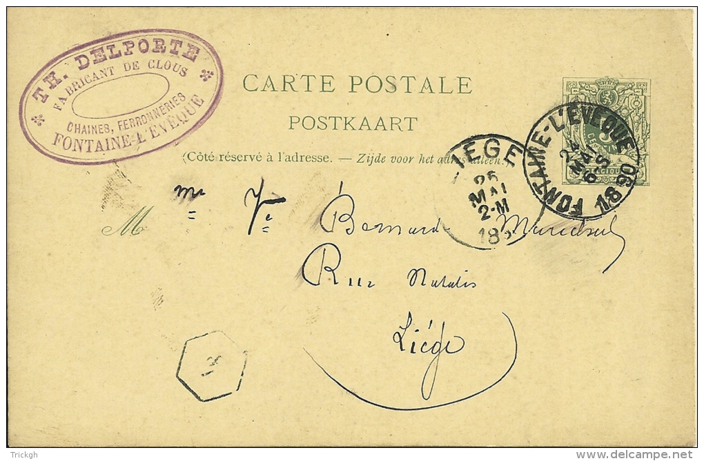 Belgique 1890 Fontaine-l'Evèque &gt;&gt; Liège / Cachet Privé / Clous - Briefkaarten 1871-1909