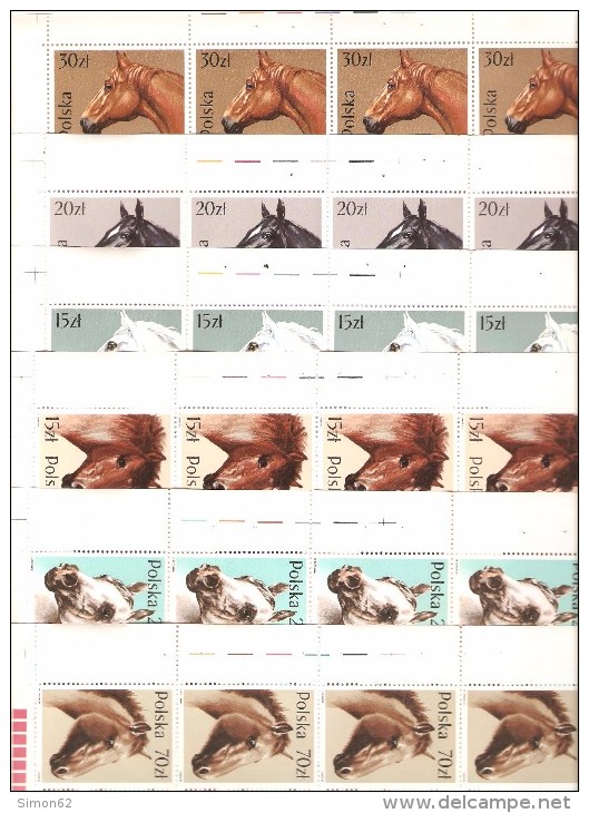 POLOGNE  6 FEUILLES  COMPLETE SERIE  N° YVERT  2997/3002  CHEVAUX DE RACE NEUF ** MNH DE 1989 - Volledige Vellen