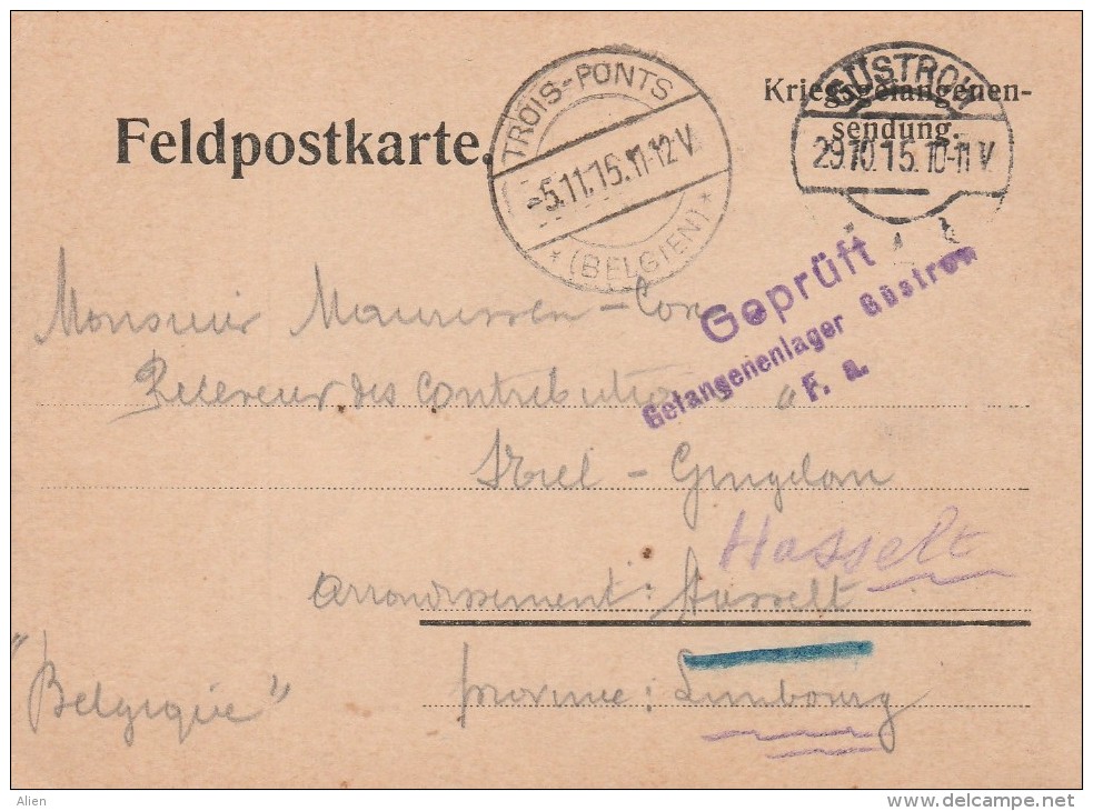 Kaart Gustrow 1915 - Censuur Gustrow - Naar Hasselt, Aankomst Trois-ponts - Prisonniers