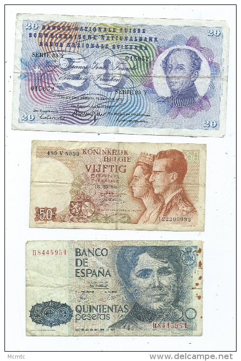 Lot 3 Billets -1 Suisse -  1 Espagnol - 1 Belge  ( 2 Scans) - Autres & Non Classés