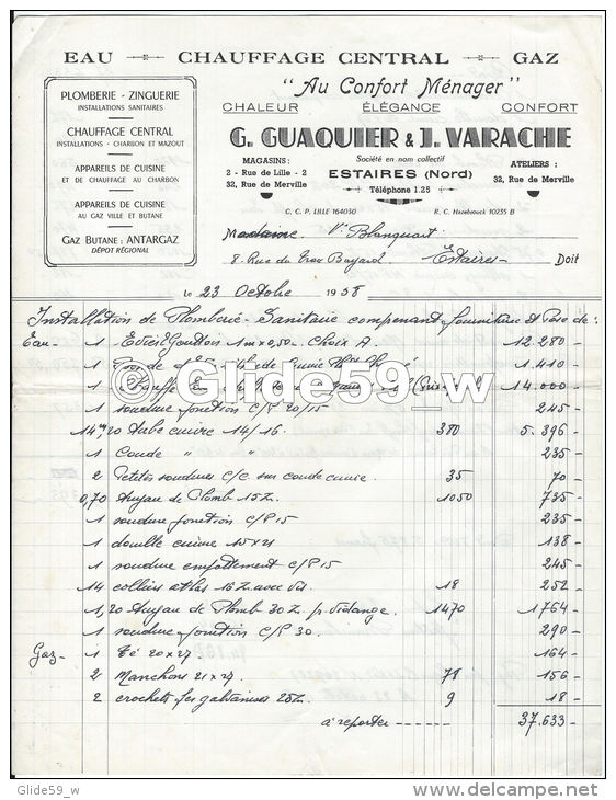 Facture - G. GUAQUIER &amp; J. VARACHE - Au Confort Ménager - Eau - Chauffage Central - Gaz - Estaires Le 23 Oct. 1958 ( - 1950 - ...