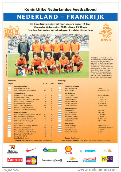 Programme Football Hollande C France U18 2000 Programma Avec 2 Pages - Libros