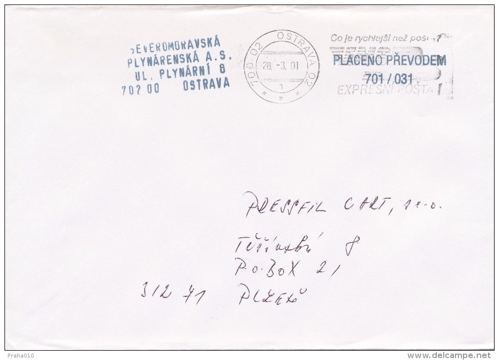 K5836 - Czech Rep. (2001) 700 02 Ostrava 02 (1): EMS (logo) ...; Letter, Sender: North Moravia Gas; Joint-stock Company - Gas