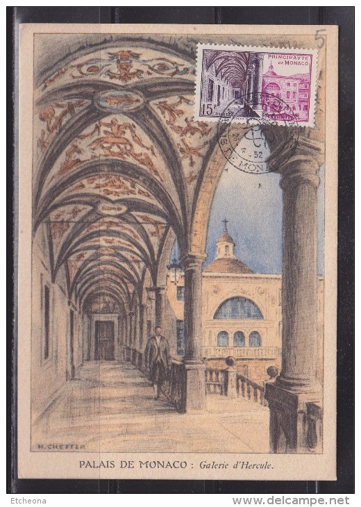 = Musée Du Timbre Palais De Monaco Carte Postale 26.4.52 N°384 La Galerie D'Hercule, Illustration CP De Cheffer - Marcophilie