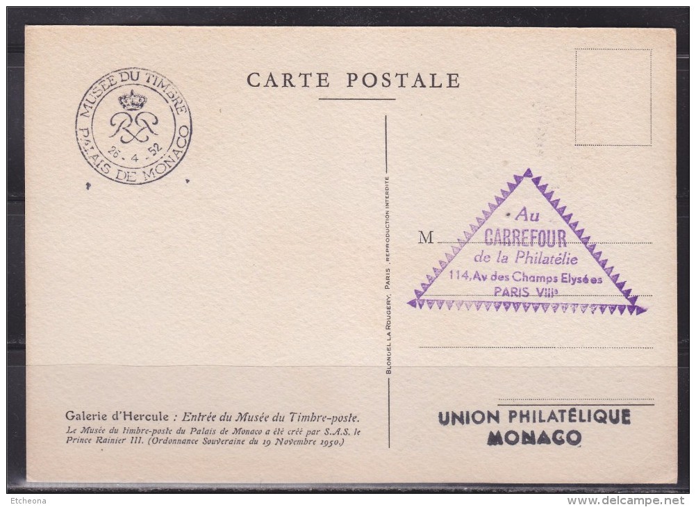 = Musée Du Timbre Palais De Monaco Carte Postale 26.4.52 N°384 La Galerie D'Hercule, Illustration CP De Cheffer - Marcophilie