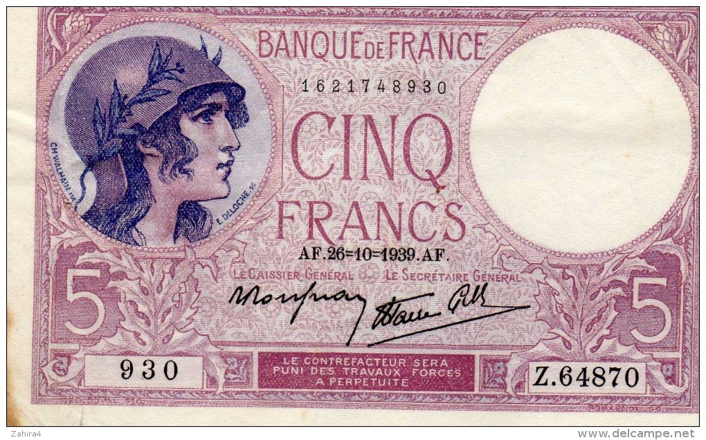 Cinq Francs Violet AF . 26 - 10 - 1939 - AF - 5 F 1917-1940 ''Violet''