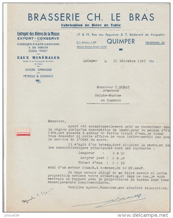 Lettre 10/12/1947 Brasserie Ch LE BRAS Bière De La Meuse, De Table, Conserve,  QUIMPER Finistère - 1900 – 1949