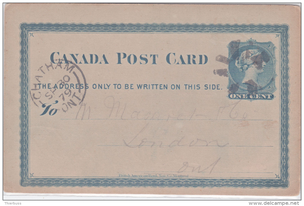 Post Card 1879 Chatham Ontario London Star Cancel - 1860-1899 Règne De Victoria