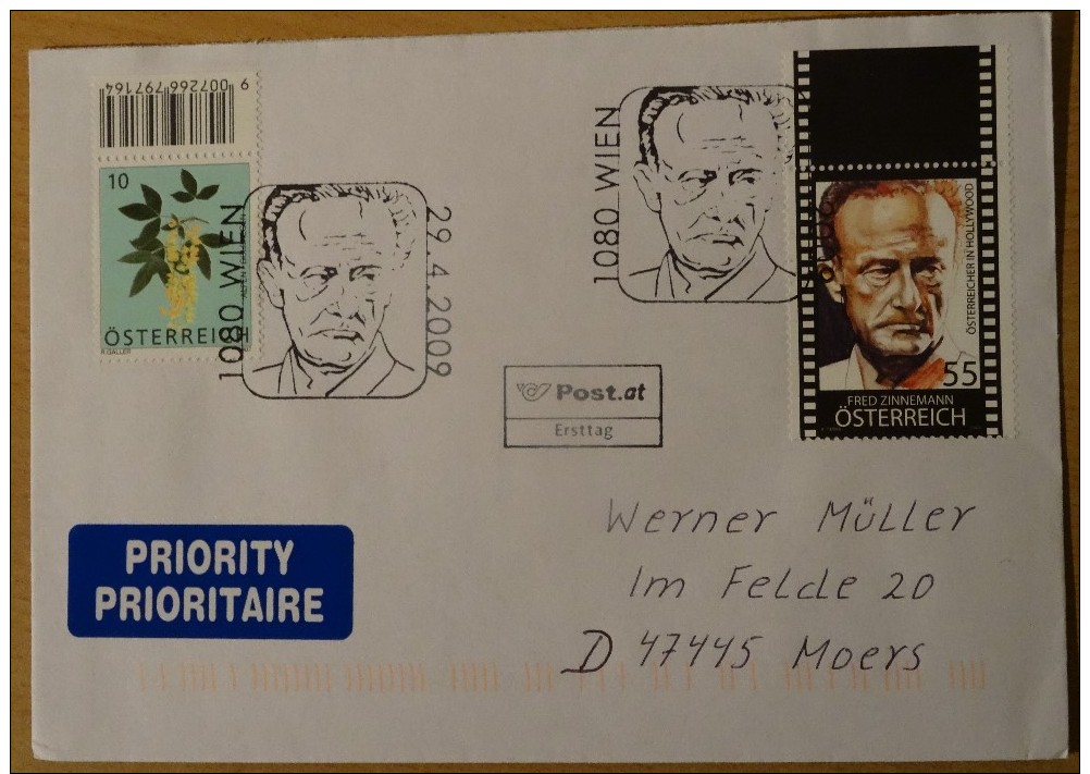 Austria Cvr 2009-04-29 Cover With Fred Zinnemann Actor Film Stamp And Wien Postmark Cinema A 3,50 Euro - Storia Postale
