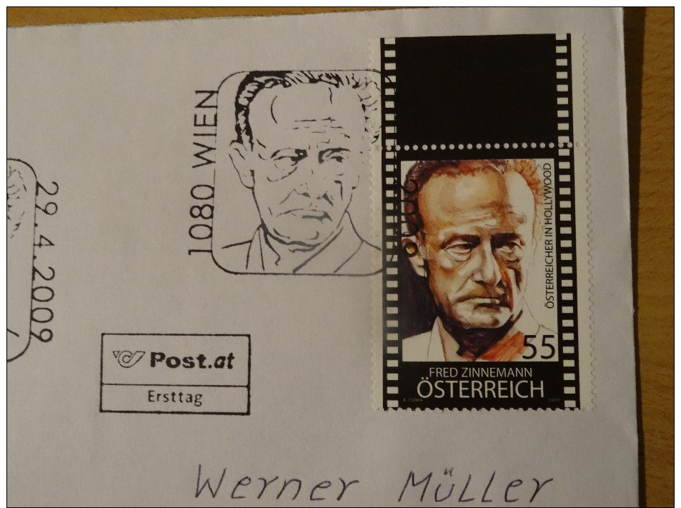 Austria Cvr 2009-04-29 Cover With Fred Zinnemann Actor Film Stamp And Wien Postmark Cinema A 3,50 Euro - Storia Postale