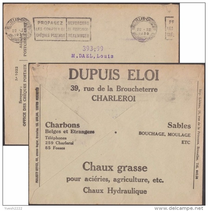 Belgique 1930. Enveloppe En Franchise Des Chèques Postaux. Pubs : Charbon, Sable, Chaux Grasse, Aciéries, Agriculture - Agriculture