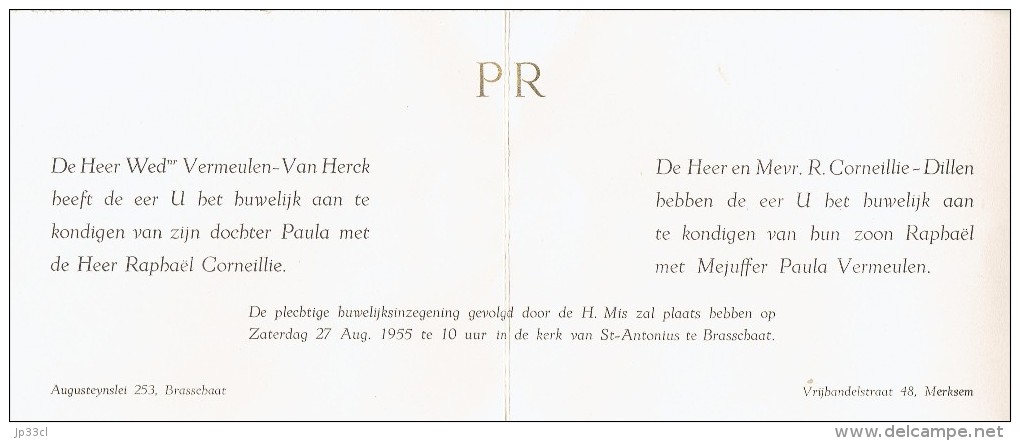 Huwelijk Van Paula Vermeulen-Van Herck Met Raphaël Corneillie-Dillen, Brasschaat-Merksem, 27/8/1955 - Annunci Di Nozze