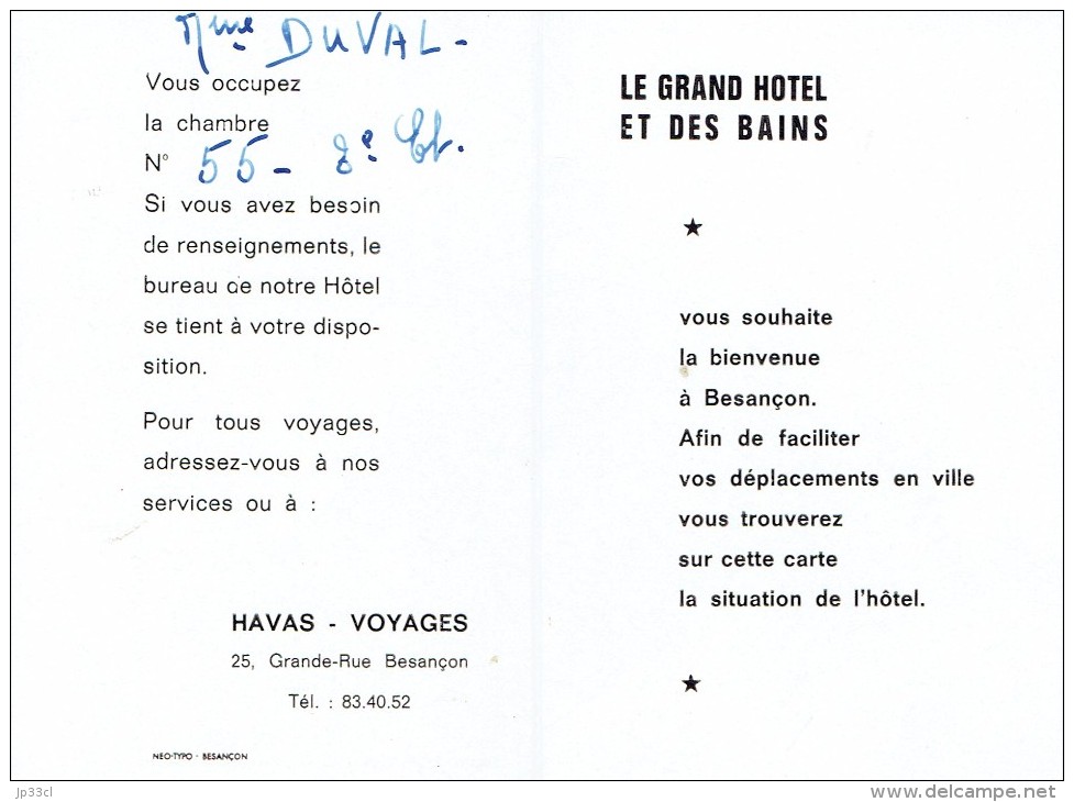 Carte De Visite Le Grand Hôtel Et Des Bains, Besançon, 1967 - Visitenkarten