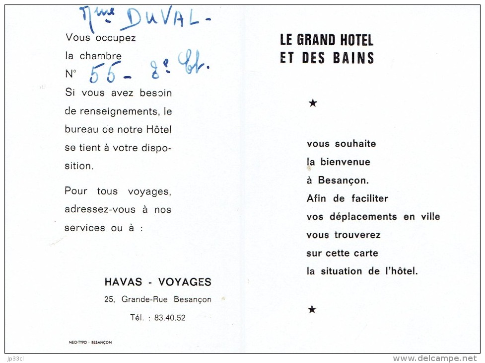 Carte De Visite Le Grand Hôtel Et Des Bains, Besançon, 1967 - Tarjetas De Visita