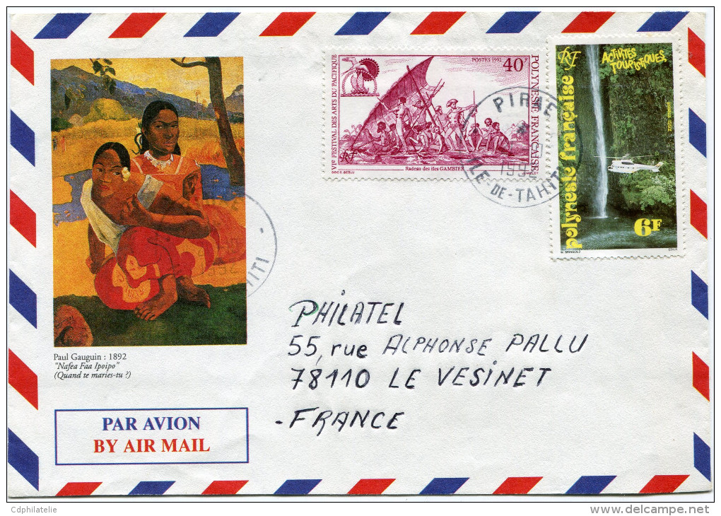 POLYNESIE LETTRE PAR AVION DEPART PIRAE 21-10-1992 ILE-DE-TAHITI POUR LA FRANCE - Cartas & Documentos