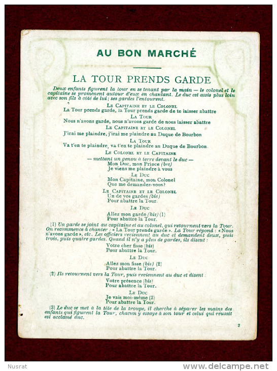 Au Bon Marché, Chromo Grand Format Lith. Goossens SIT-14, Chansons Françaises, La Tour Prends Garde - Au Bon Marché