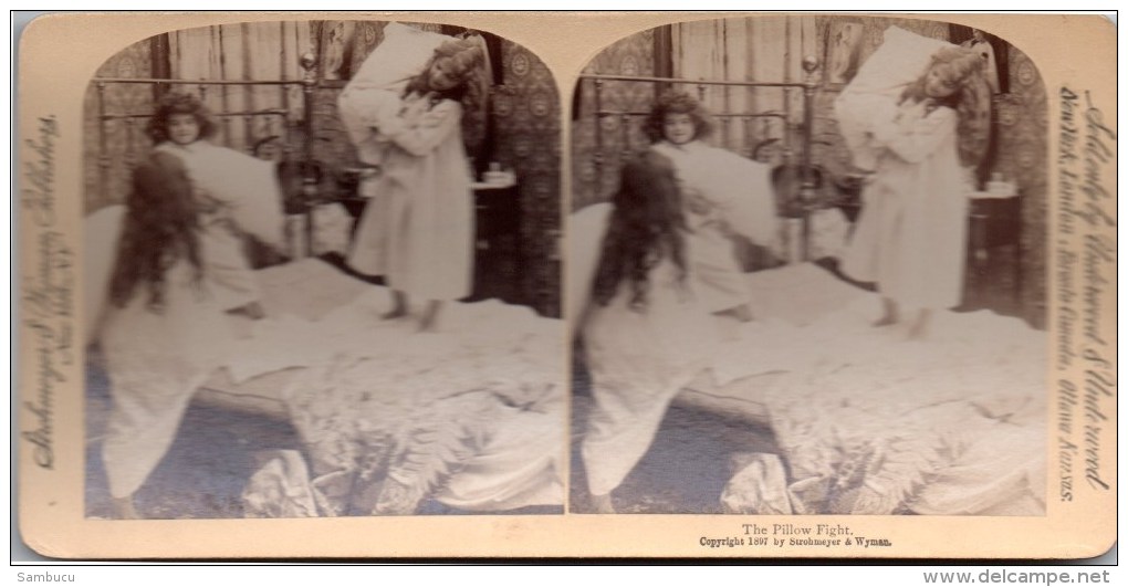 Stereofoto - The Pillow Fight ( Die Kissenschlacht ) 1897 Kinder - Stereoscopes - Side-by-side Viewers