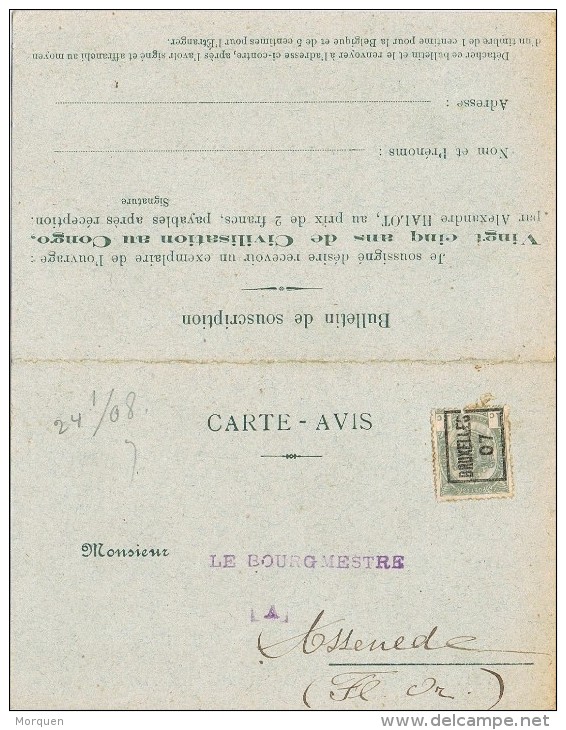 16191. Tarjeta Comercial Privada  Preobliterado  BRUXELLES (Belgien) 1907. Roulotte, Civilisaion Au CONGO - Rolstempels 1900-09