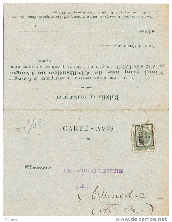 16191. Tarjeta Comercial Privada  Preobliterado  BRUXELLES (Belgien) 1907. Roulotte, Civilisaion Au CONGO - Roulettes 1900-09