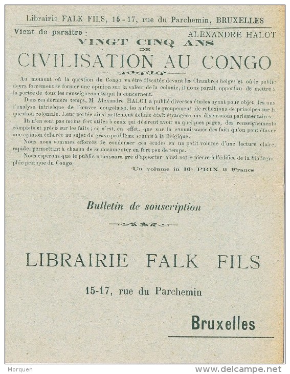 16191. Tarjeta Comercial Privada  Preobliterado  BRUXELLES (Belgien) 1907. Roulotte, Civilisaion Au CONGO - Roulettes 1900-09