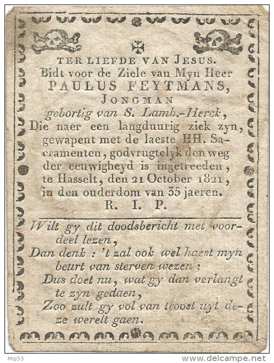 296.PAULUS FEYTMANS - Jongman - Geb. Te S. LAMB.-HERCK - Overleden Te HASSELT 1821 - Images Religieuses