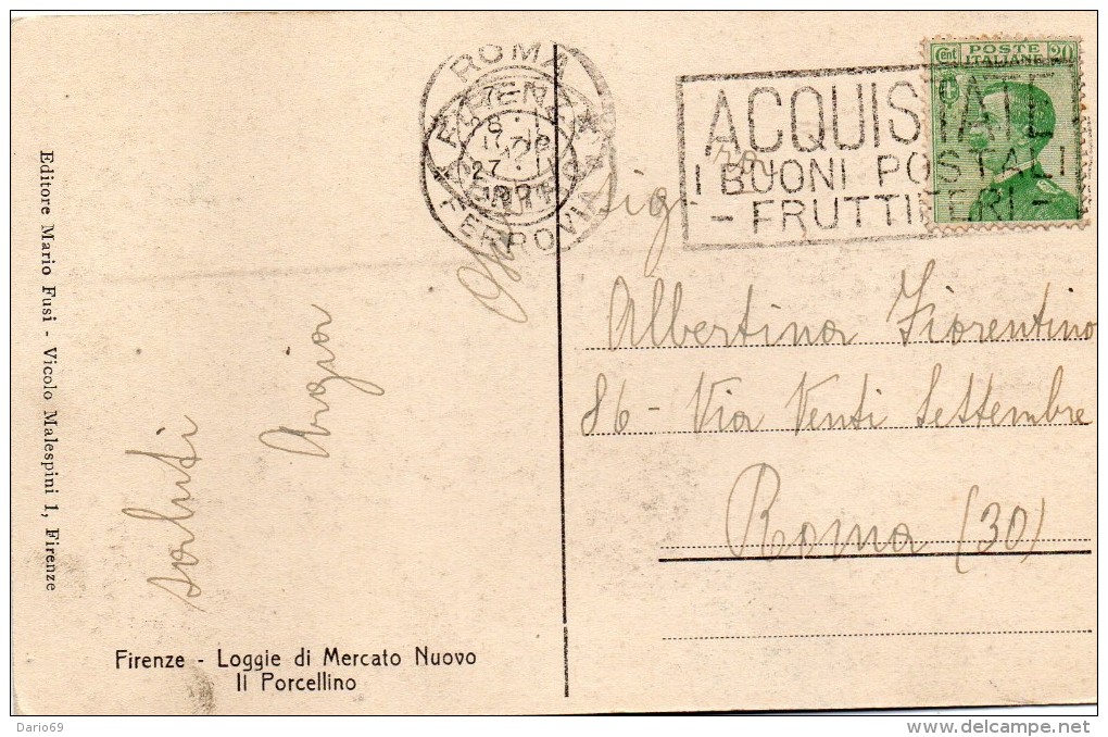 1927 CARTOLINA CON ANNULLO  FIRENZE LOGGIE DI MERCATO NUOVO IL PORCELLINO - Firenze (Florence)