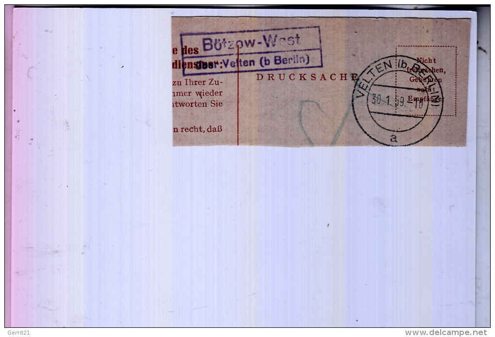 0-1420 VELTEN, Landpoststempel Ausschnitt, "Bützow-west über Velten (b.Berlin), 1959, Auf Karton Aufgeklebt - Velten