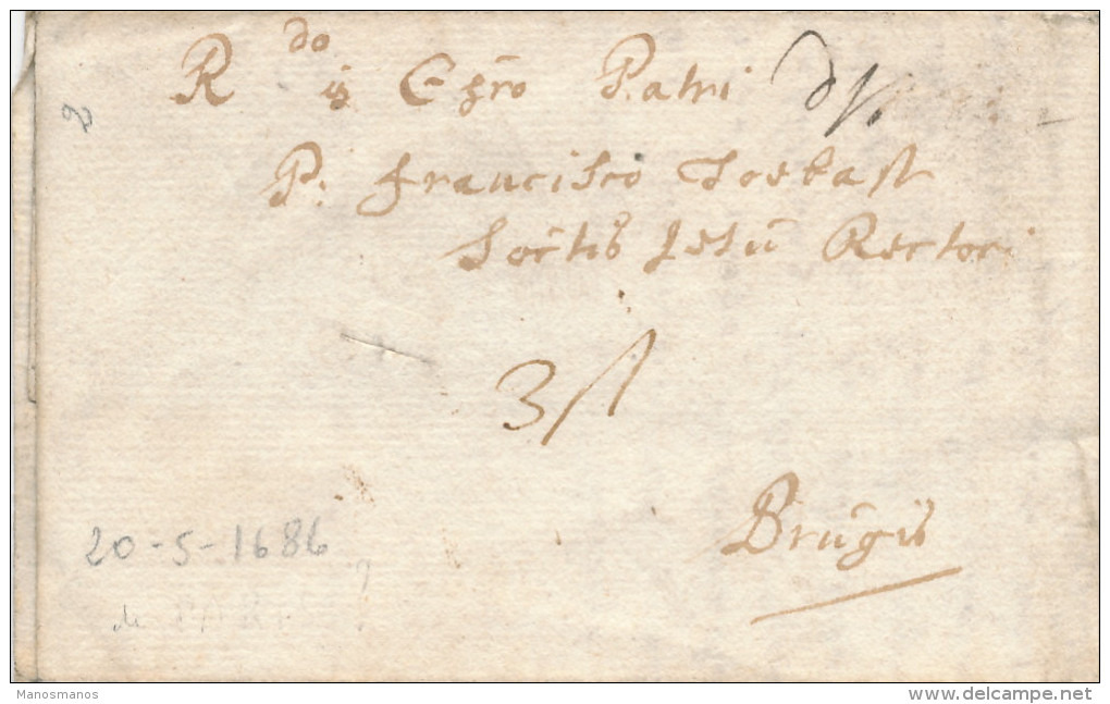 621/23 - Lettre PRECURSEUR YPRES 1686 Vers BRUGES - RARE Deux Ports Encre 3 Stuyvers Et 10 Deniers - Texte Latin - 1621-1713 (Paesi Bassi Spagnoli)