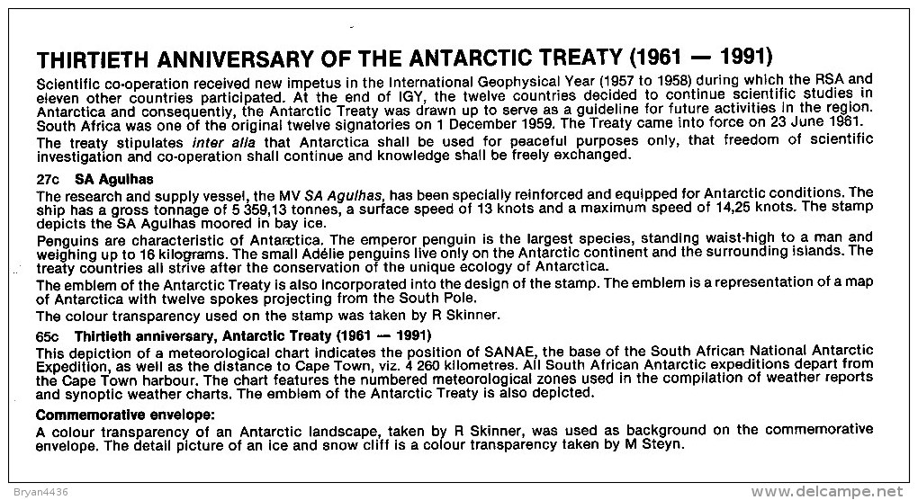 ANTARCTIQUE AFRIQUE DU SUD - 1961-1991 - THE ANTARCTIC TREATY" - 2 TIMBRES SUR LETTRE - VOYAGEE - 1995 - CARTE COMMEMORA - Traité Sur L'Antarctique