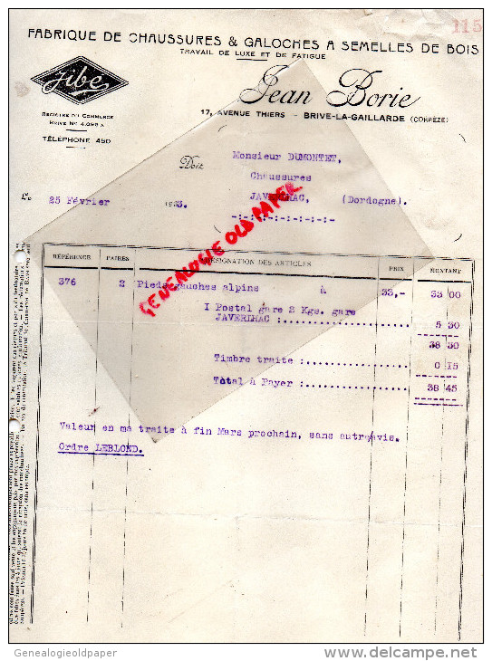 19 - BRIVE - TRAITE JEAN BORIE -17 AV. THIERS- MANUFACTURE CHAUSSURES-1933 - Textile & Vestimentaire