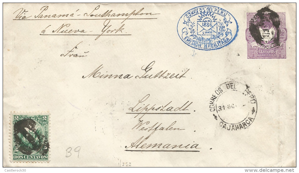 G)1892 PERU, POSTAL STATIONARY COAT OF ARMS VIOLET 20C. & STAMP 2C GREEN, OVAL BLUE CORREOS DEL PERU EMISION HABIITADA 1 - Peru