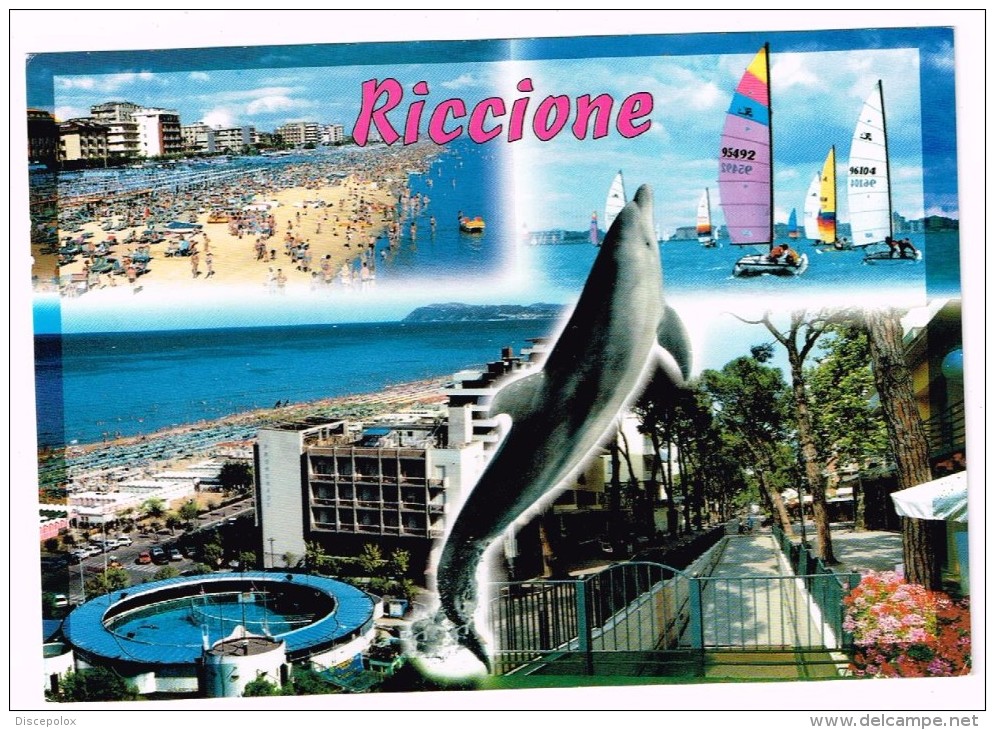 O841 Riccione (Rimini) - Panorama Vedute Multipla - Delfino Dauphin, Dolphin, Delfin / Viaggiata 2001 - Autres & Non Classés