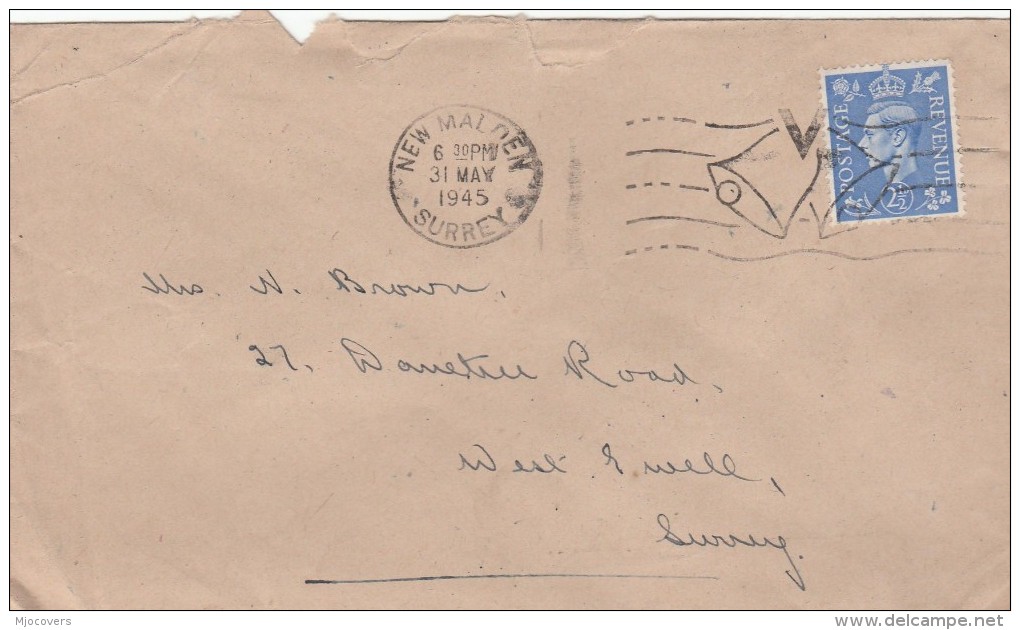 1945 GB GVI Stamps COVER NEW MALDEN  'V' Victory BELLS' SLOGAN Pmk Wwii - Cartas & Documentos