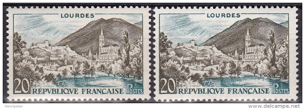 Lot De 2 Timbres-poste Neufs** - Variété  Couleur - 2 Scans - Série Touristique Lourdes - N° 1150 (Yvert) - France 1958 - Neufs