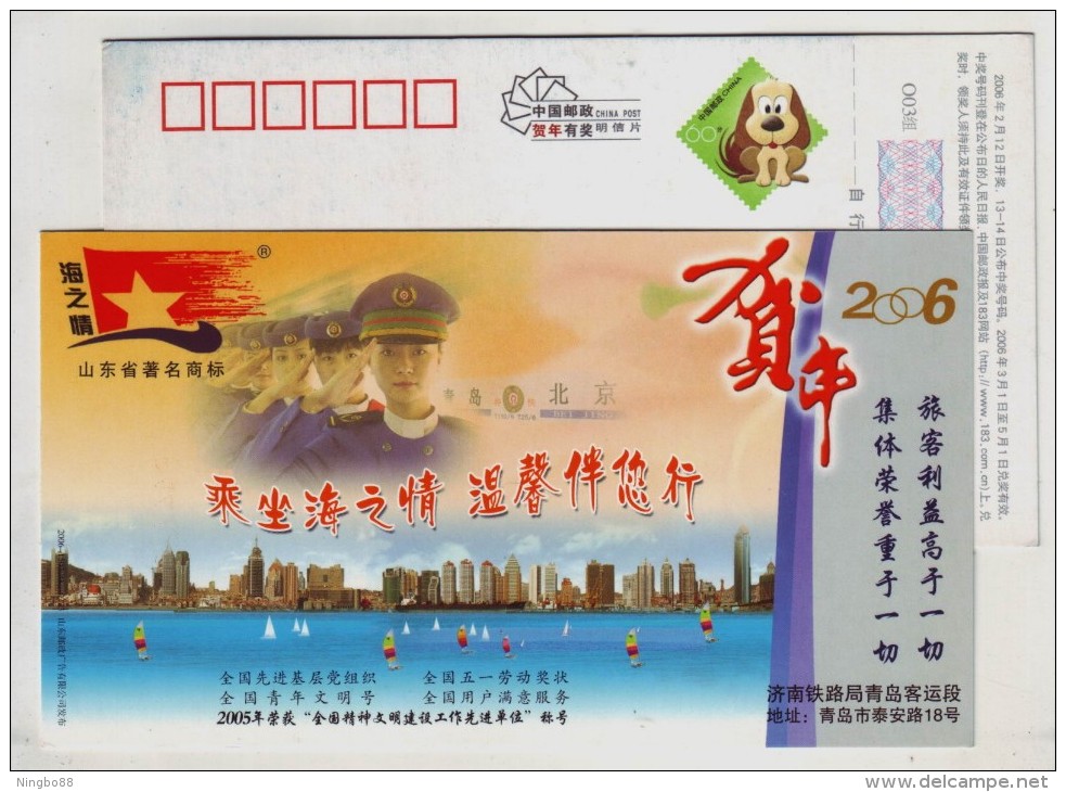 Haizhiqing Railway Line,Model Stewardess,China 2006 Qingdao Passenger District Advertising Postal Stationery Card - Treinen