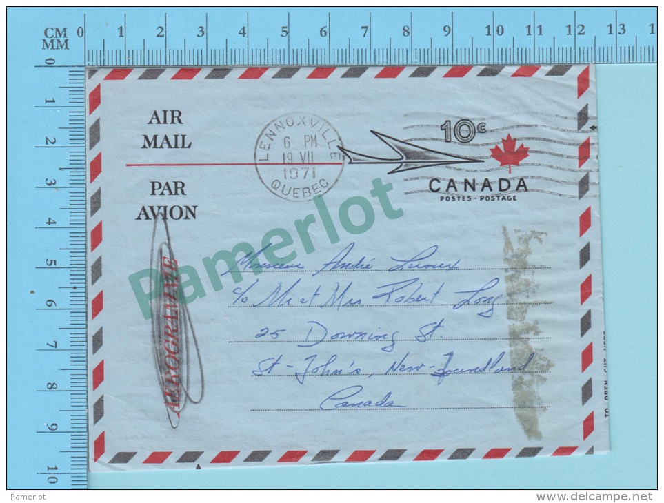 Canada Real Aerogramme (1971, Cover Cachet, Lennoxville Quebec  -&gt; St-John's NB Used Pre-stamped Envelope ) 2 Scans - Lettres & Documents