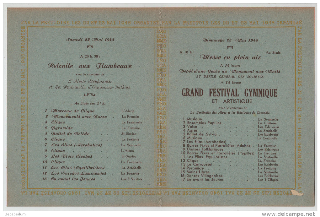 Festival Gymnique Et Artistique 1948 Messe En Plein Air Retraite Flambeaux La Frette  La Frettoise - Programmes